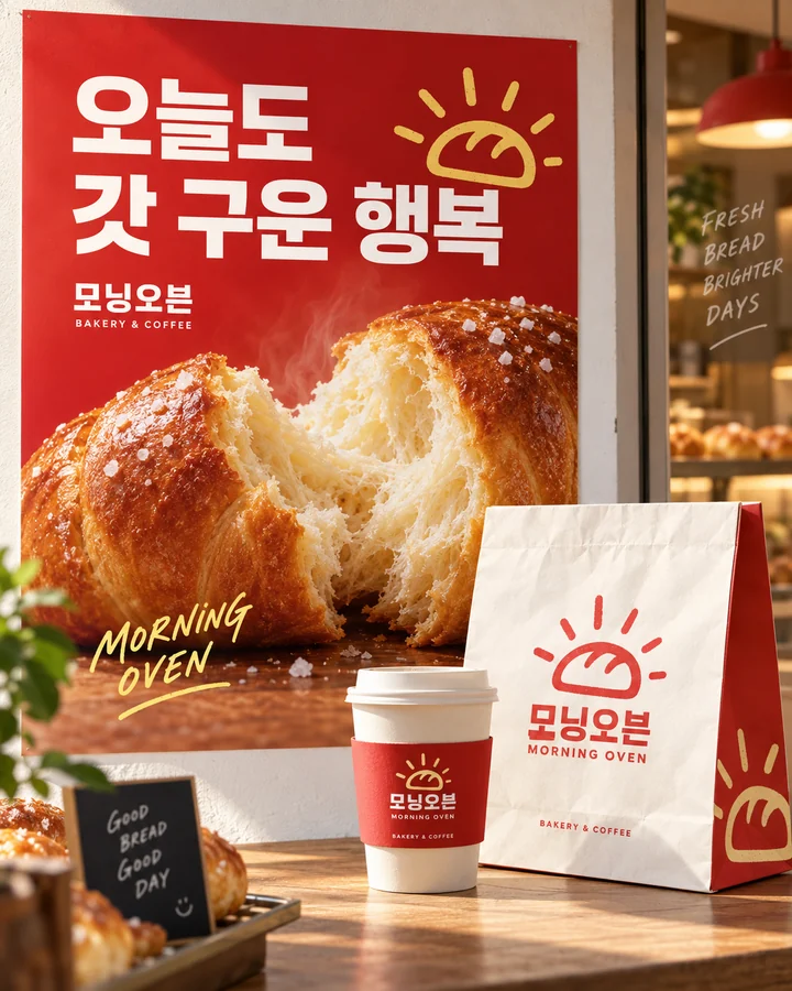 모닝오븐 베이커리의 붉은 메뉴 포스터와 같은 로고를 적용한 테이크아웃 포장·커피컵 디자인 시안